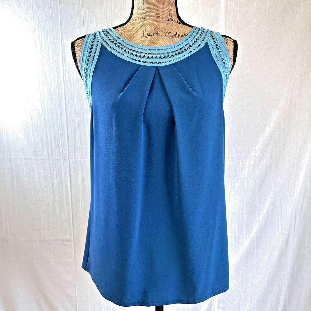Lauren B Women's Blue Teal Sleeveless Lace Neck 100% Silk Tank Top Blouse Sz M